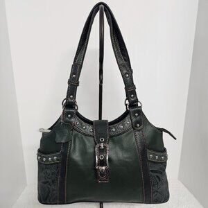 MC Green Leather Shoulder Bag Tooled Western Studded Boho NWOT